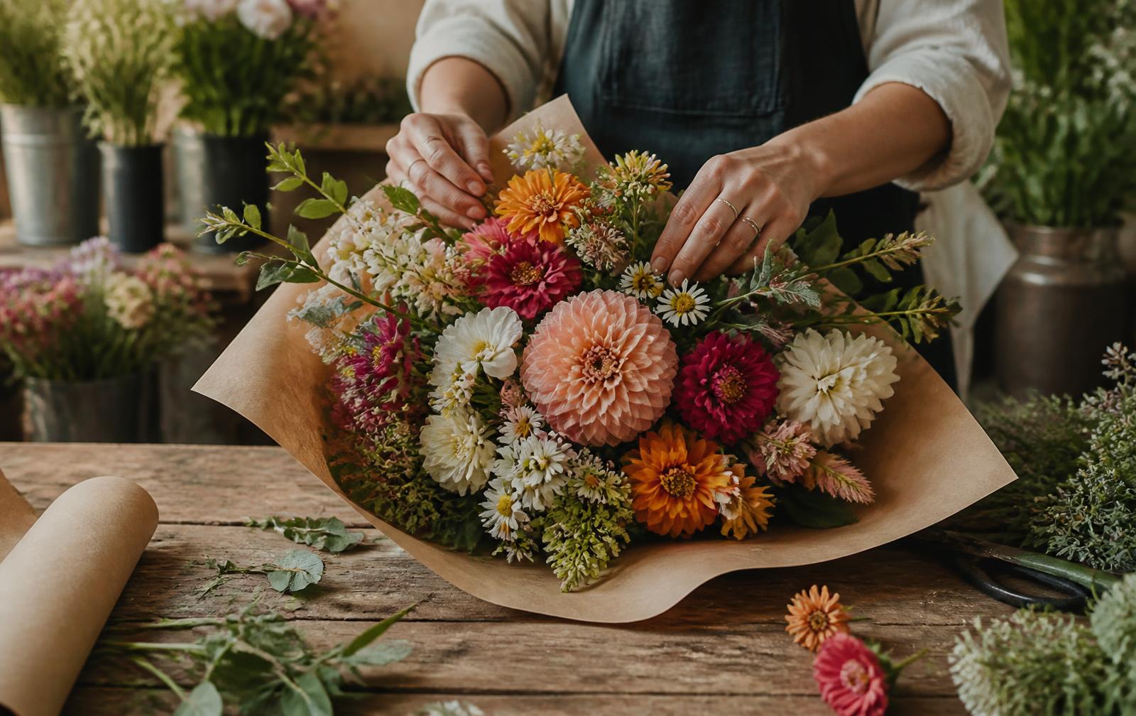 Hands wrapping a fresh seasonal flower bouquet in kraft paper
