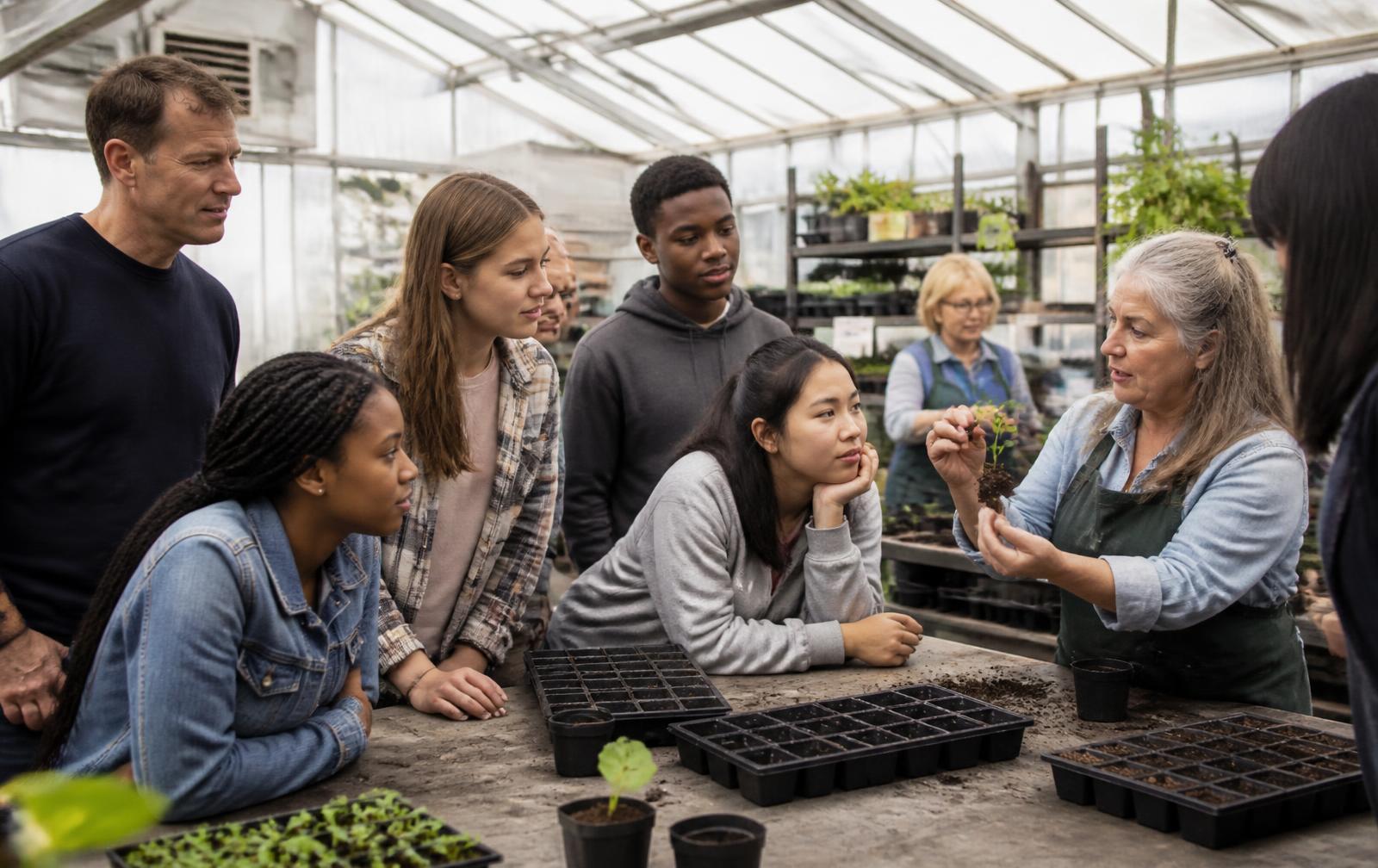 Adults and teenagers learning about seedlings together inside a greenhouse