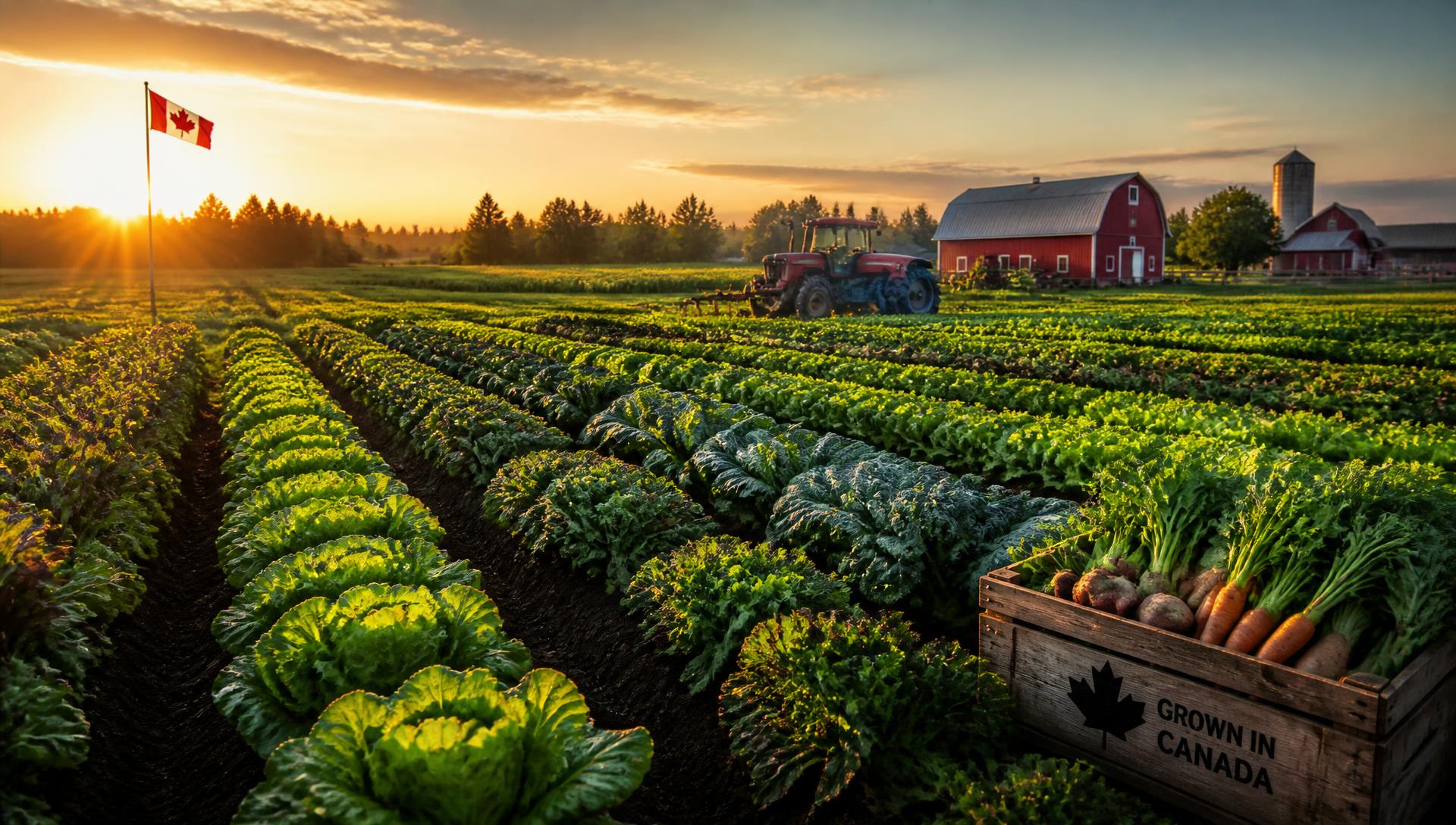 Rows of vegetables on a Canadian farm at sunrise with a red barn and tractor